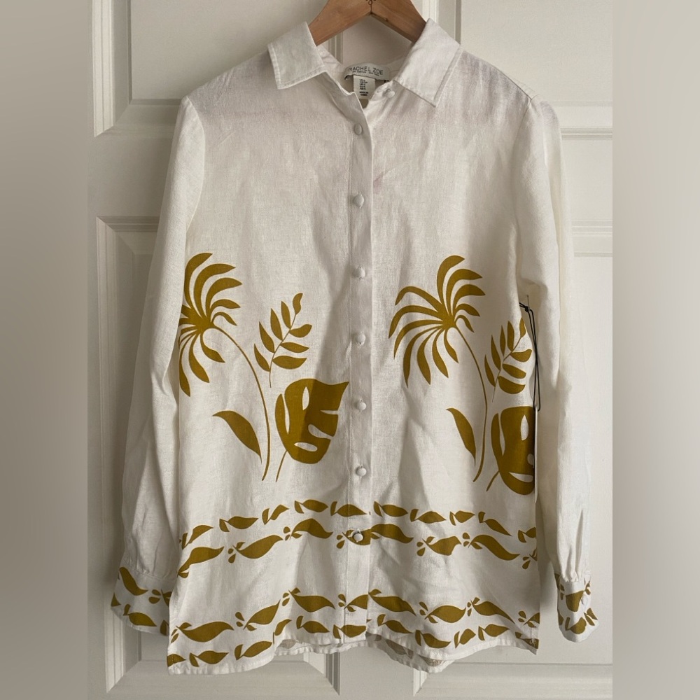 Rachel Zoe White Button-Up Shirt Gold Palm Leaf Print Size S NWT Linen Blend - Picture 1 of 12